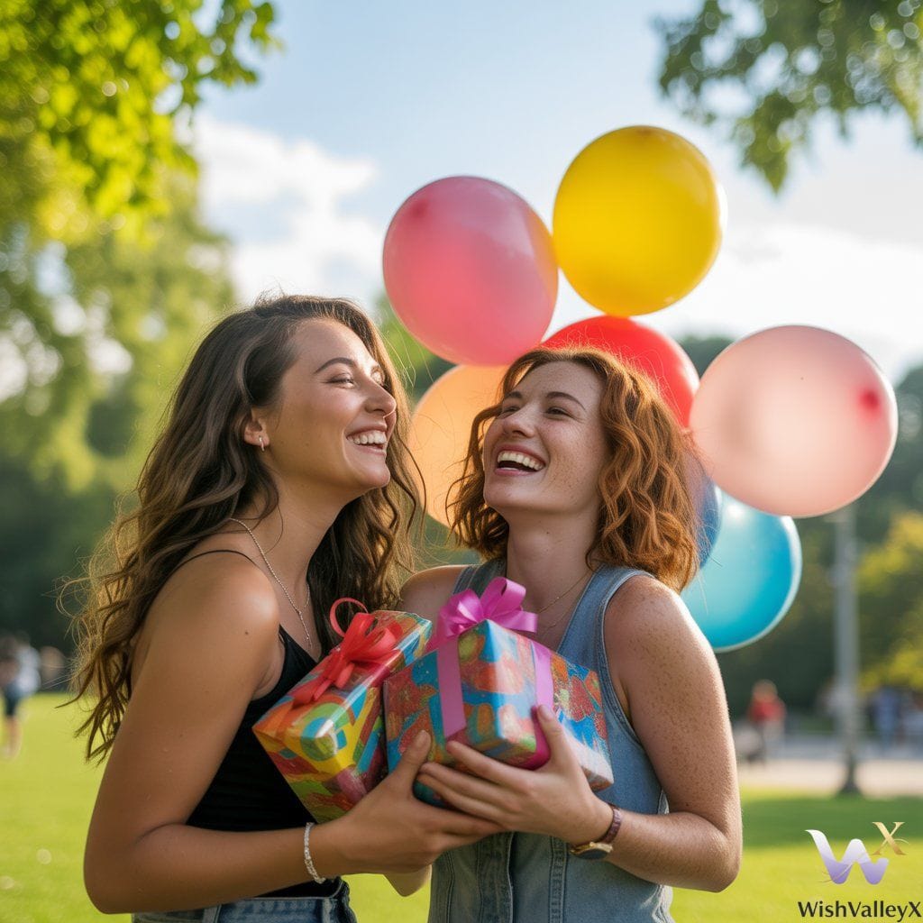 Two best friends sharing birthday gifts and laughter outdoors.