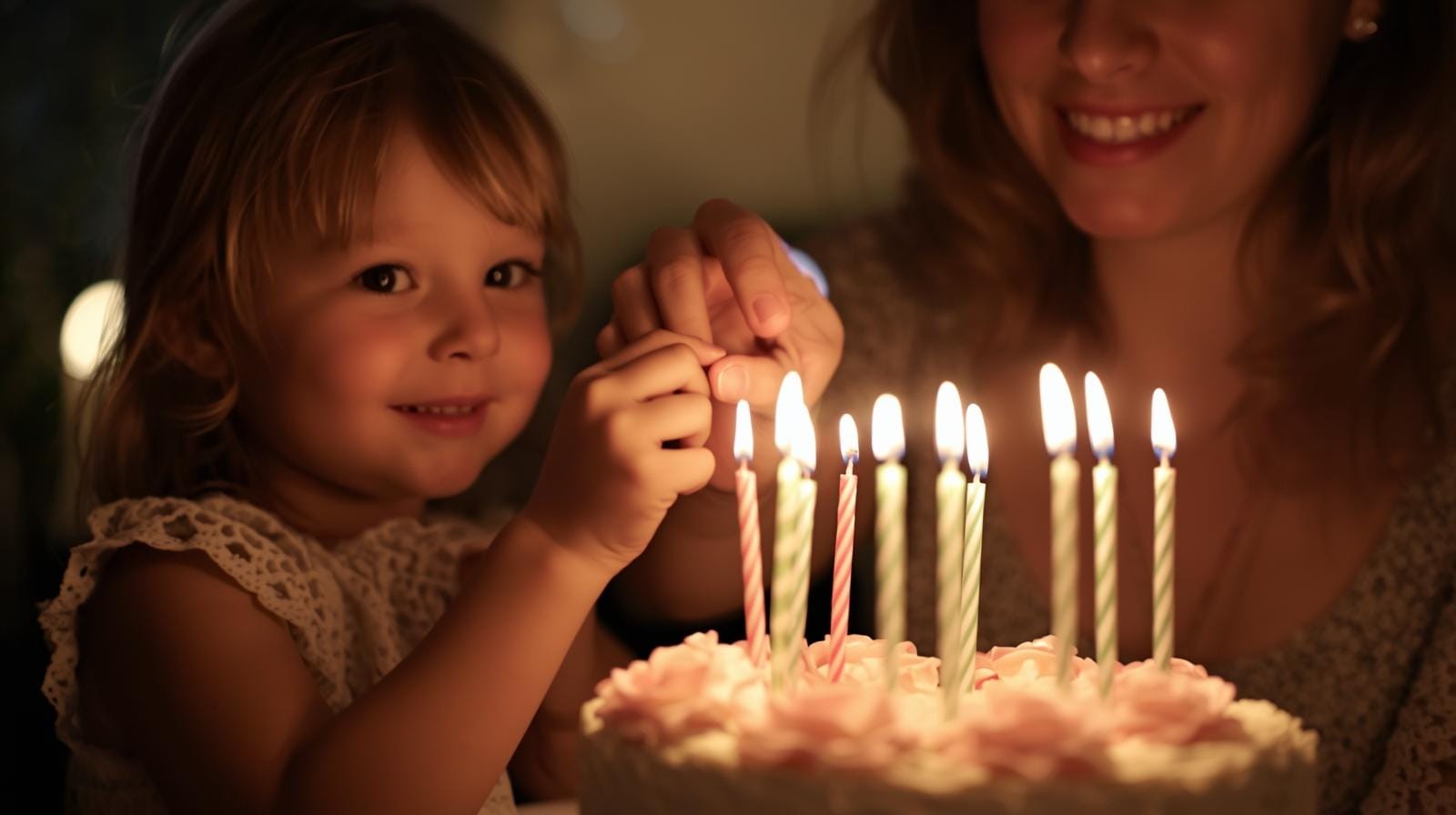 Daughter helping her mom light birthday candles on a cake.