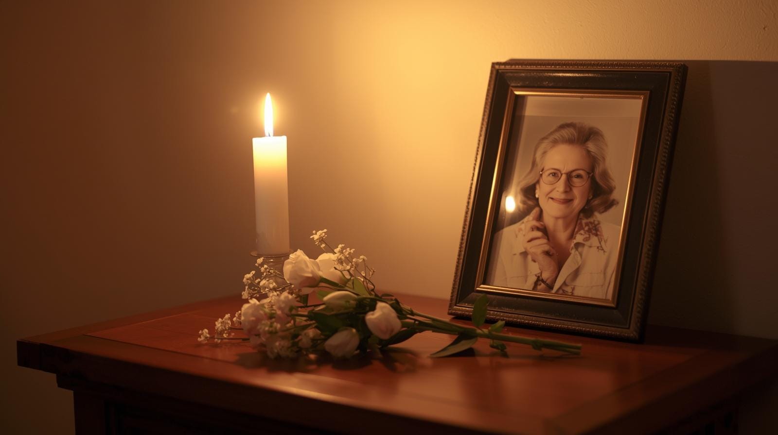 Candle and flowers placed beside a framed picture in memory of mom