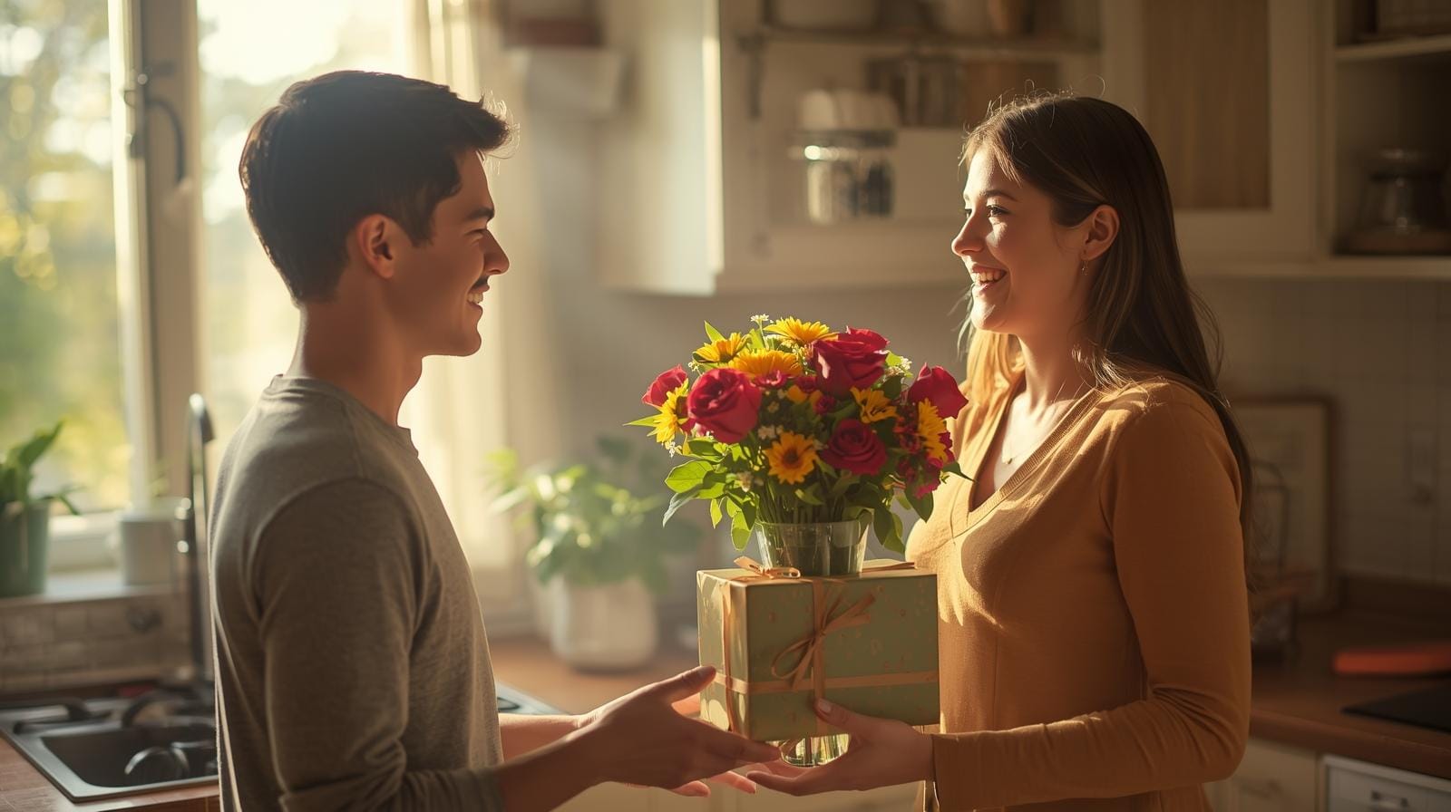Son gifting flowers to his smiling mom during a birthday morning