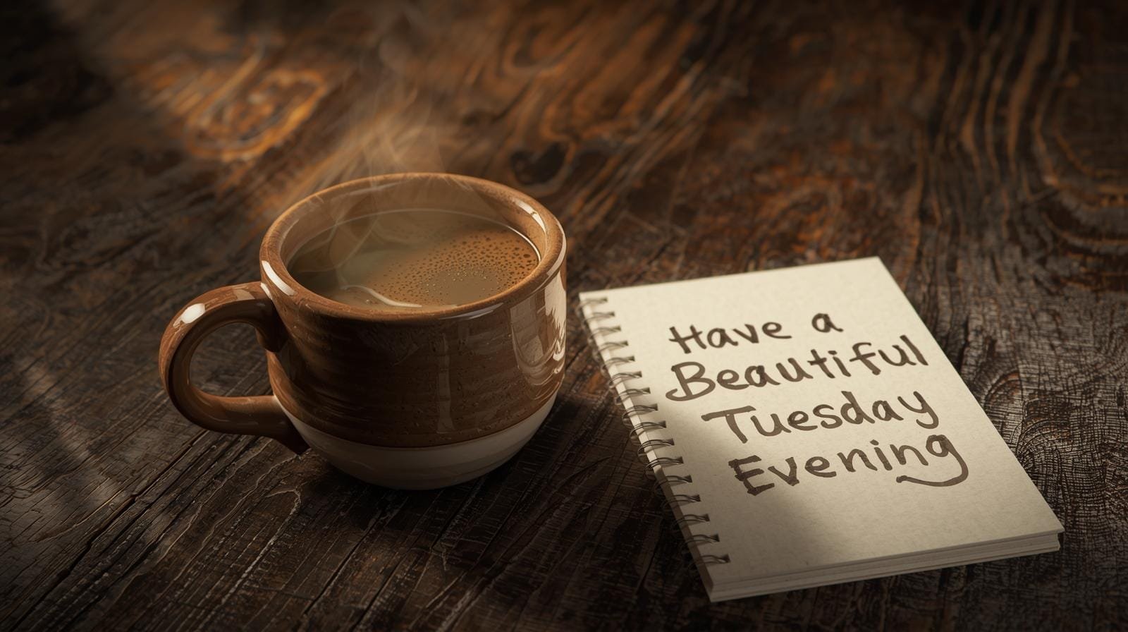 Cozy coffee cup on wooden table with Tuesday evening blessings message.