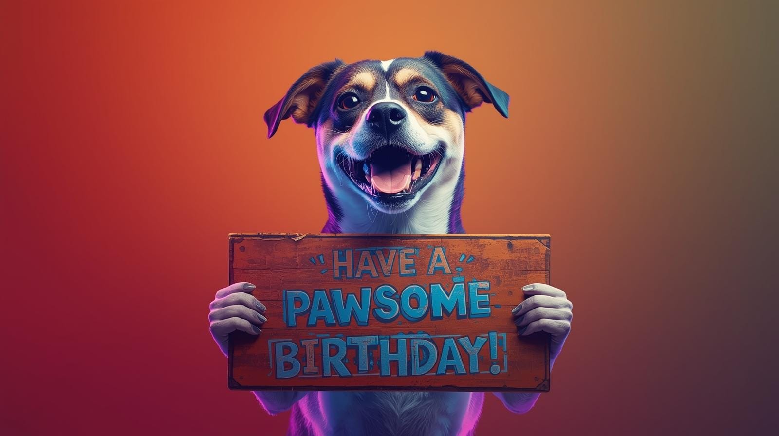 Dog holding birthday pun sign “Have a pawsome birthday”