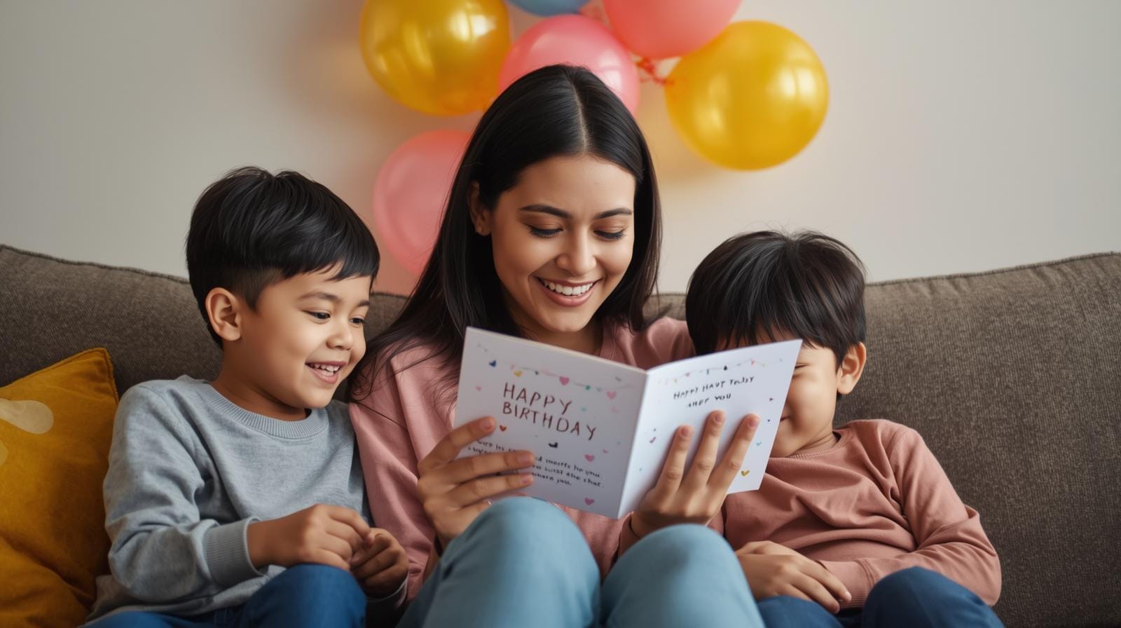 Mother reading a birthday card with a smile, surrounded by balloons and family