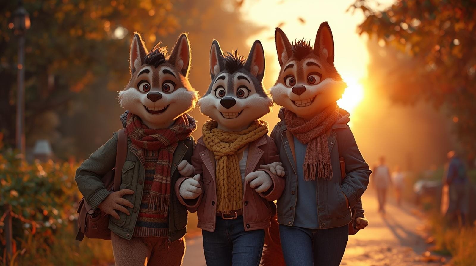 Happy friends walking during sunset — perfect for Good Evening Tuesday Wishes for friends.