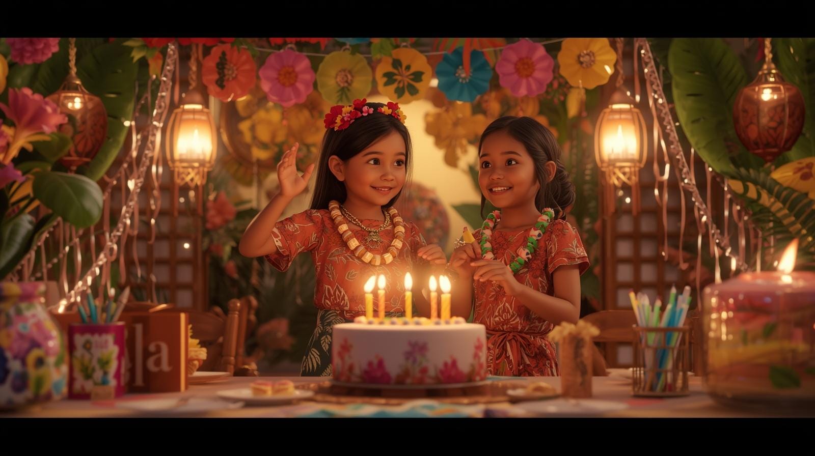 Grandparents sharing funny birthday wishes with their granddaughter during celebration.