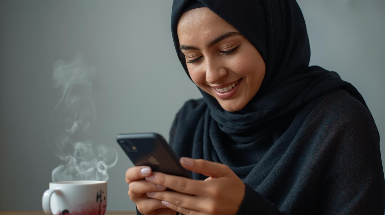 Woman reading a good morning prayer message with joy and gratitude.