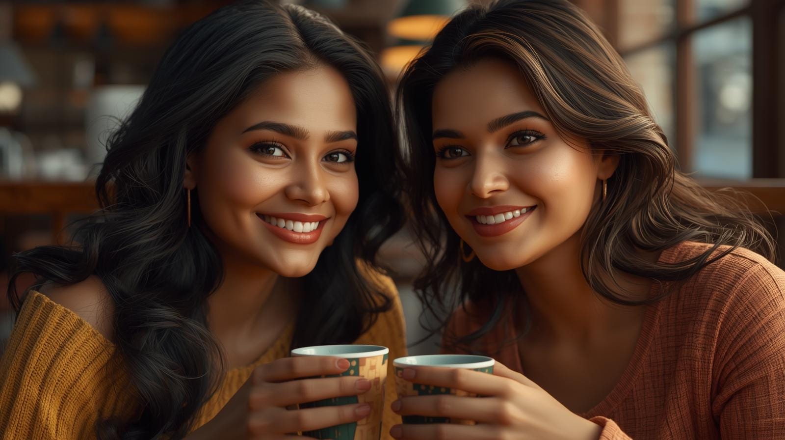 Smiling friends enjoying coffee and Thursday greetings