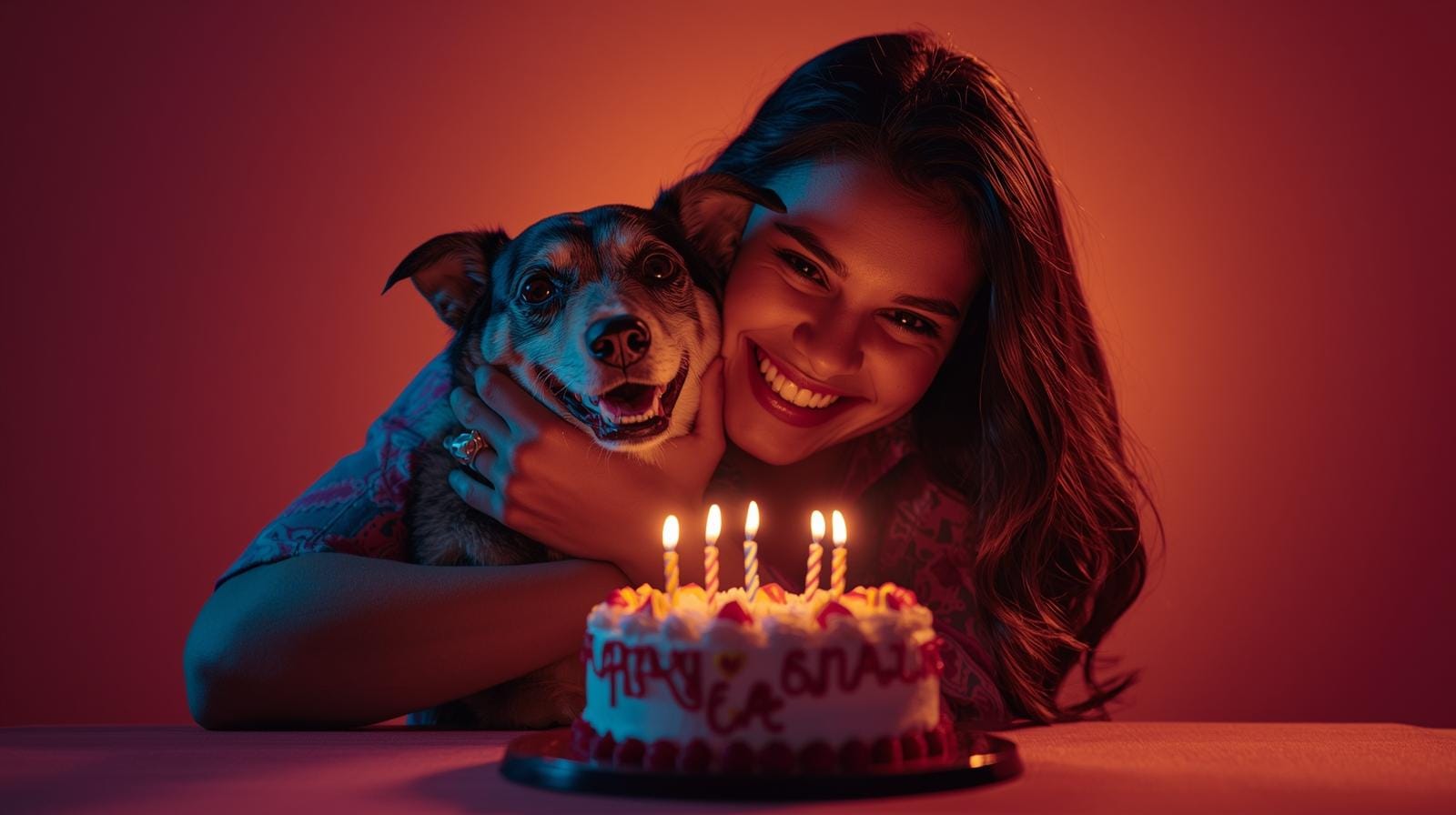 Owner hugging dog with birthday cake, celebrating pet birthday