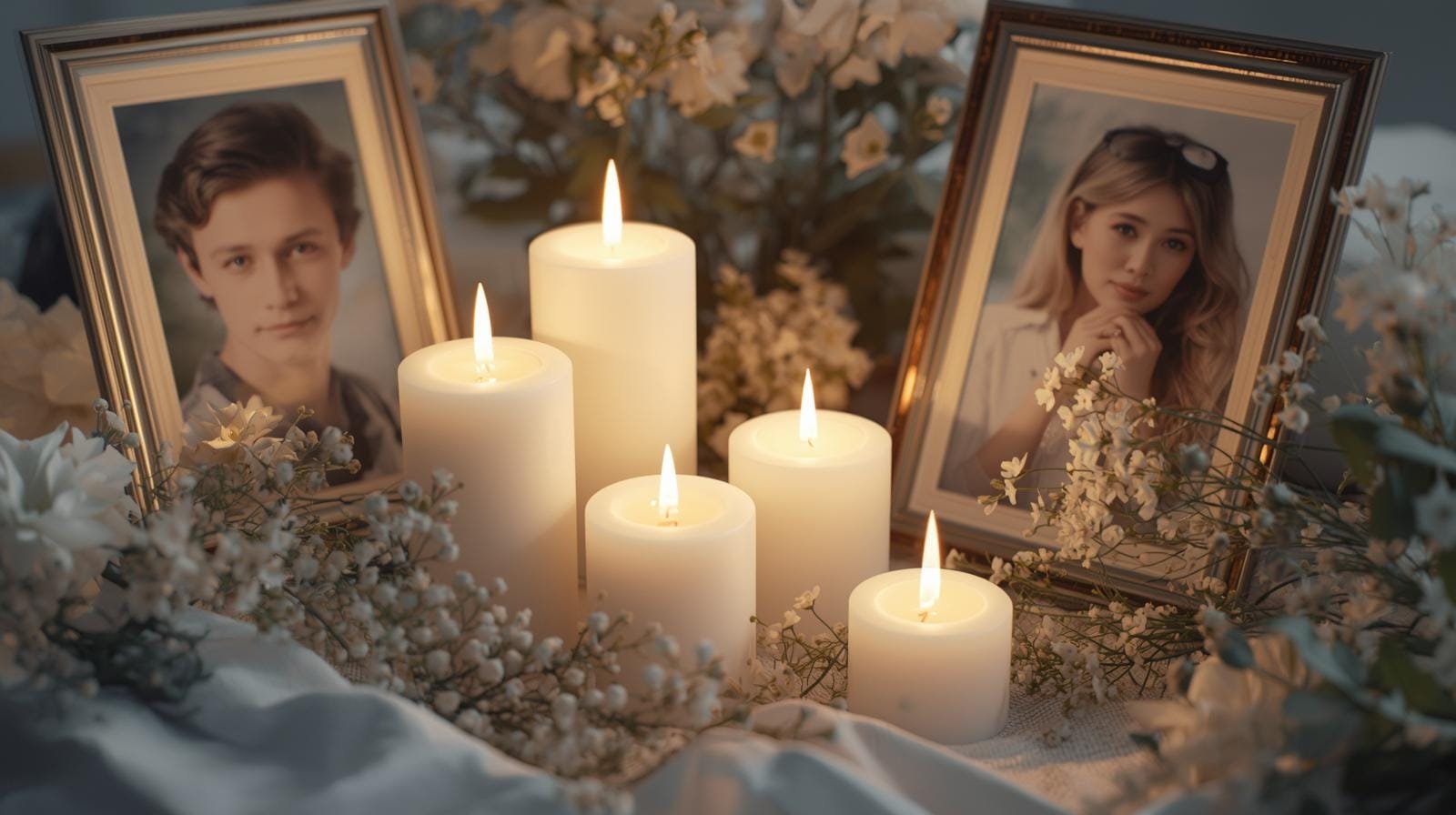 Memorial candles with framed photo and flowers symbolizing heavenly birthday remembrance.