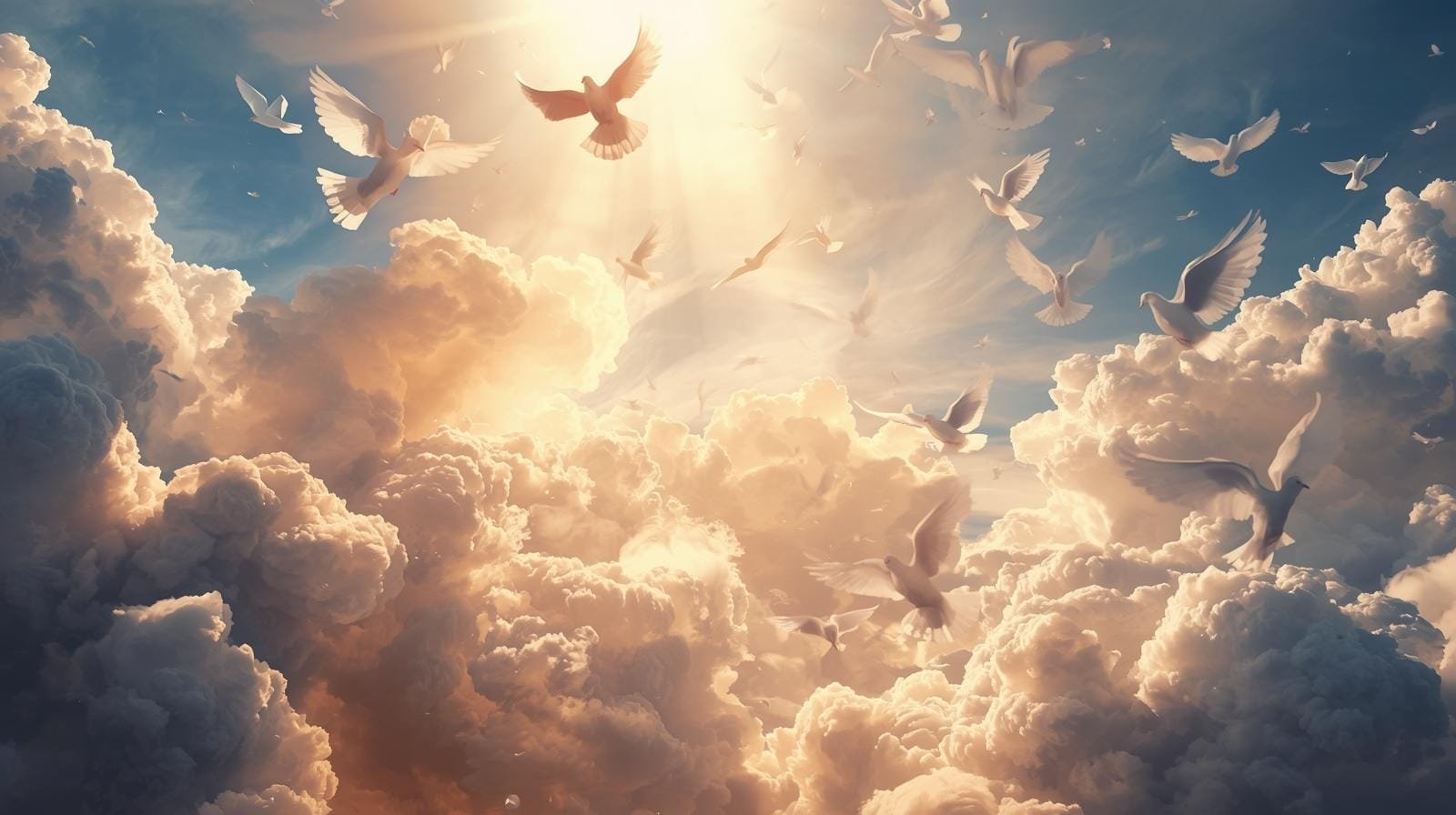 White doves flying in heavenly light representing loved ones’ peace and eternal love.