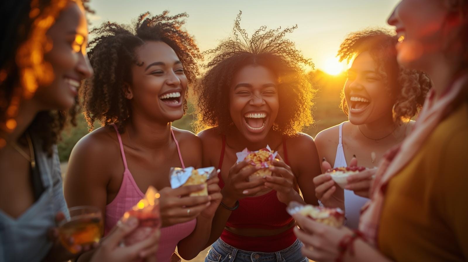 Friends enjoying golden hour representing good evening wishes and friendship