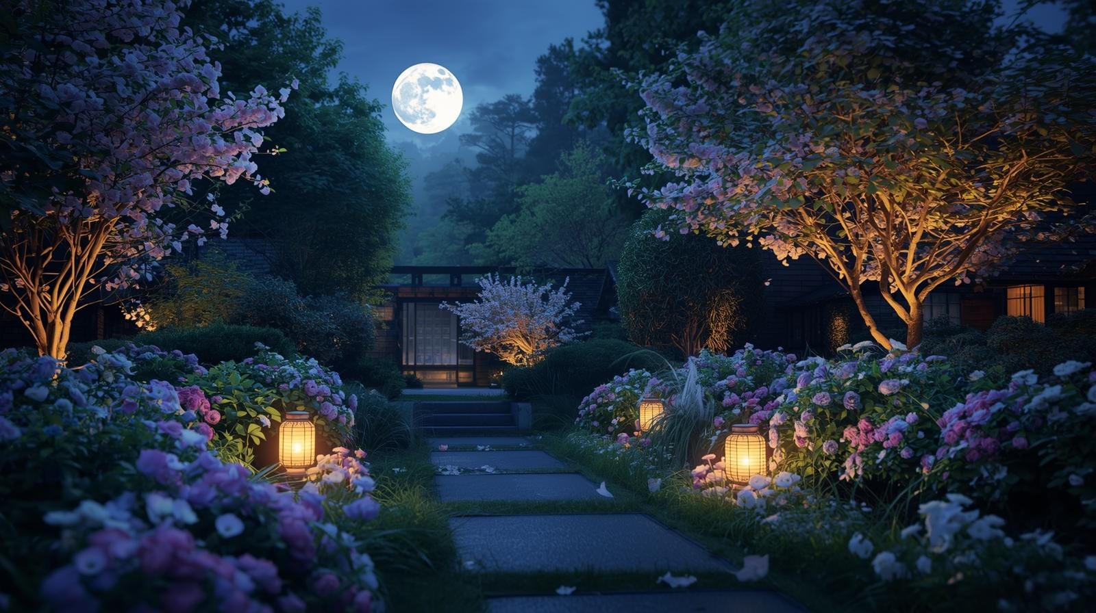 Moonlit garden symbolizing spiritual evening messages and peaceful evening blessings