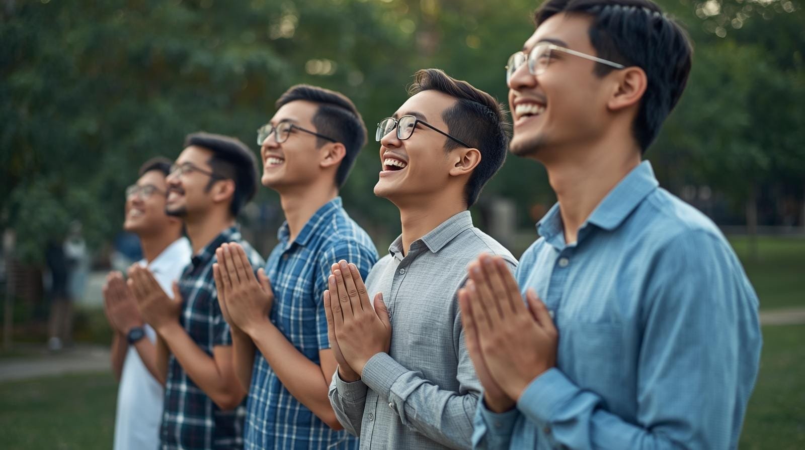Friends praying and smiling together under morning light.