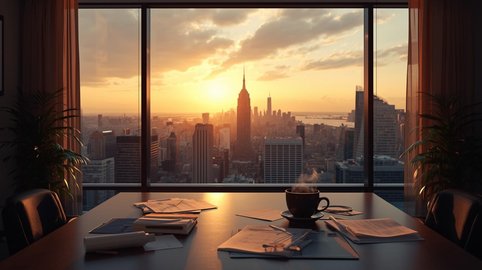 Office sunset view representing professional good evening greetings and motivational evening quotes