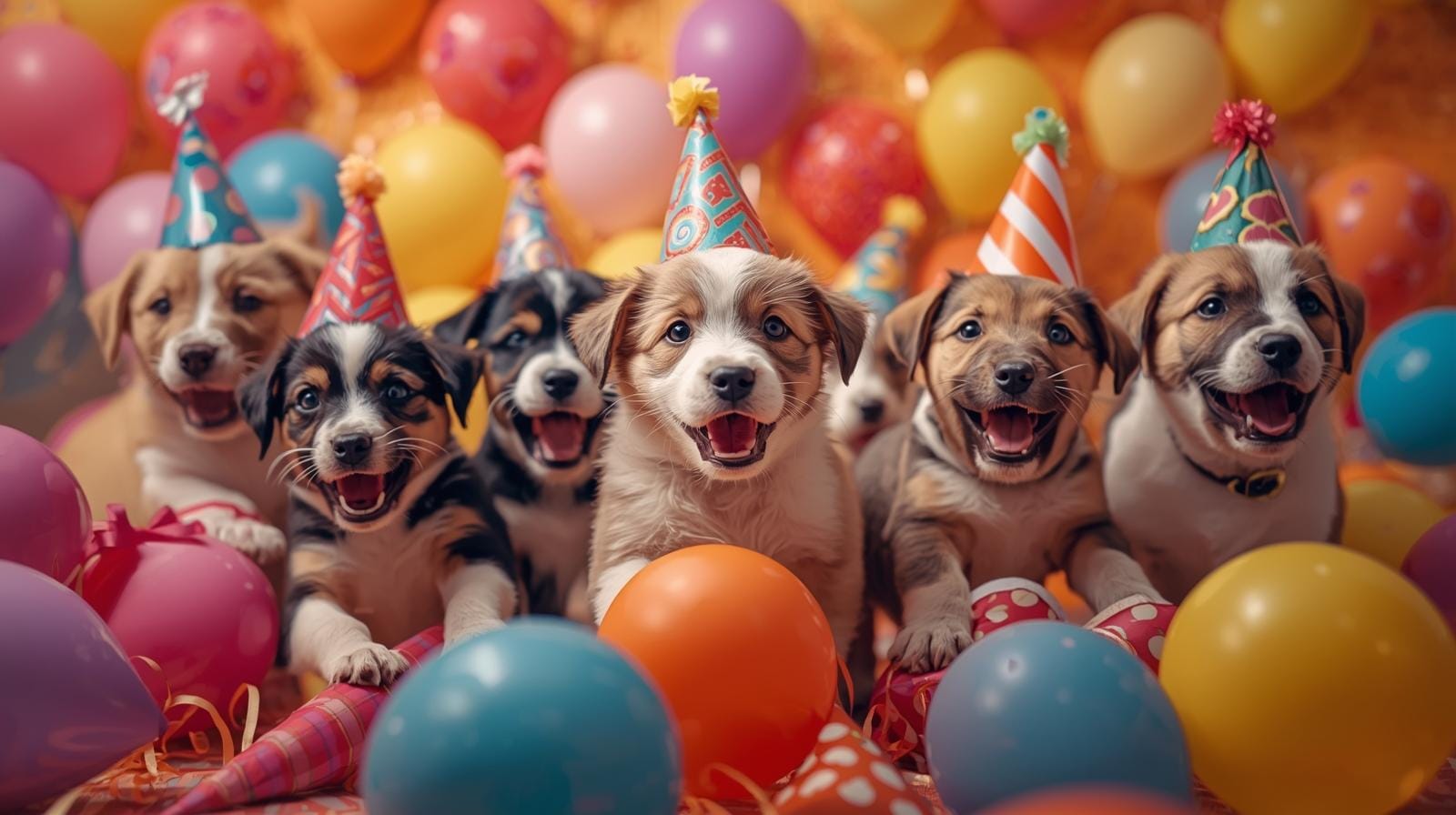 Puppies celebrating with balloons and party hats