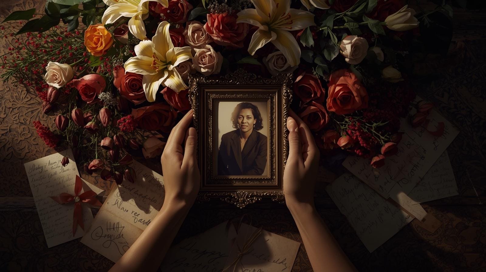 Hands holding a photo frame with flowers to honor a birthday in heaven.
