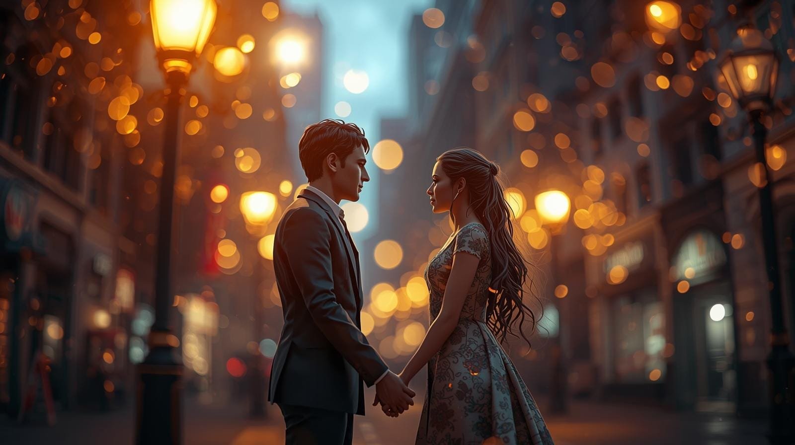 Romantic couple under streetlight sharing Tuesday evening love moment.