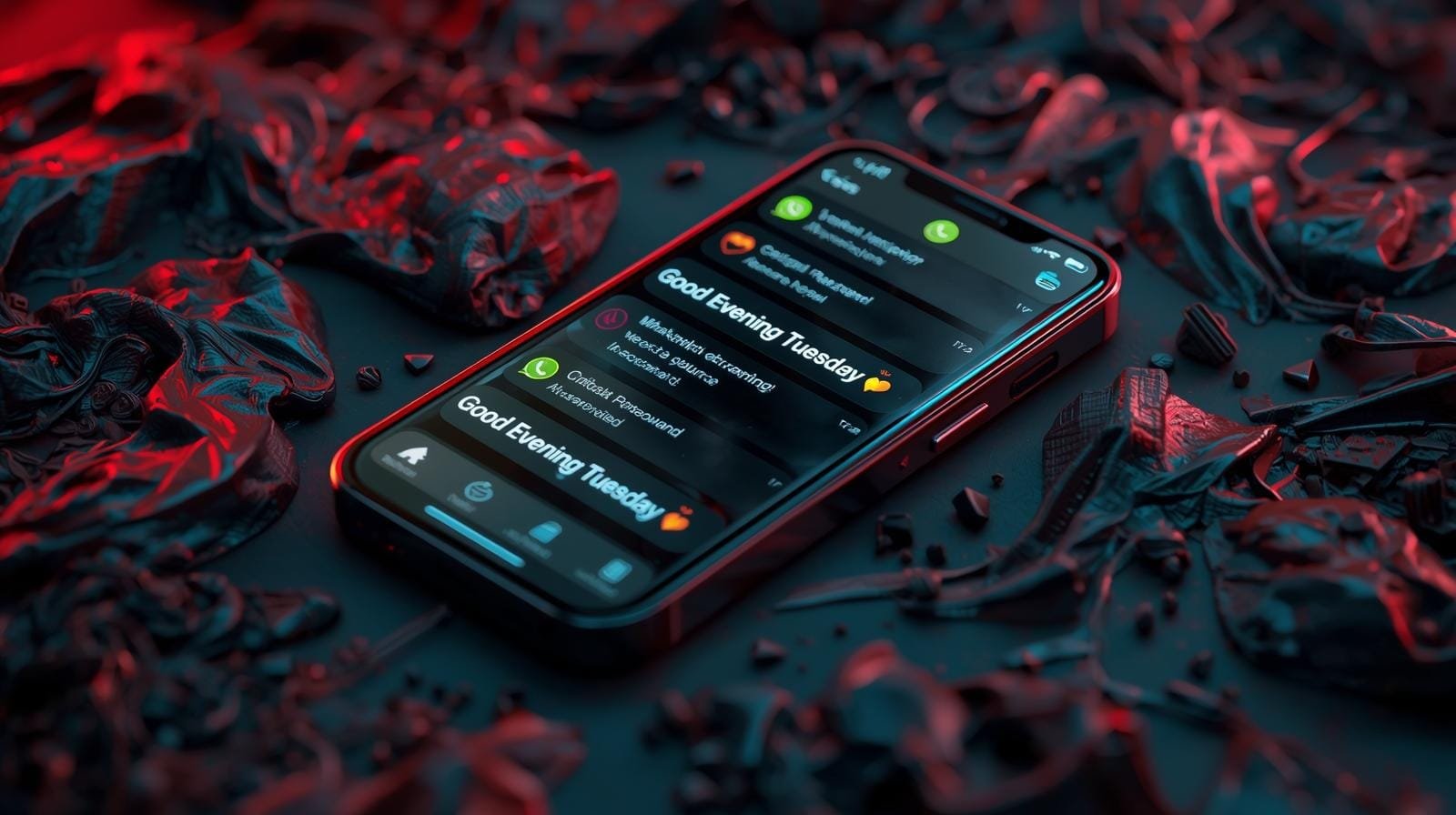 Smartphone screen showing shared Good Evening Tuesday Wishes on WhatsApp.