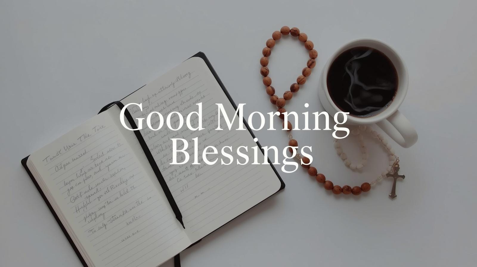 Notebook, rosary, and coffee representing simple good morning prayer moments.