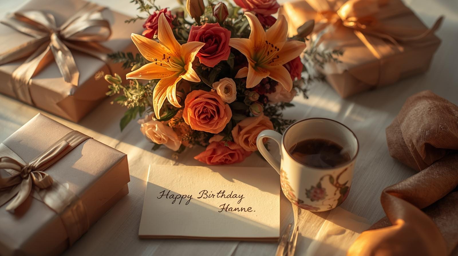 Birthday table with flowers, coffee cup, gifts, and greeting card.