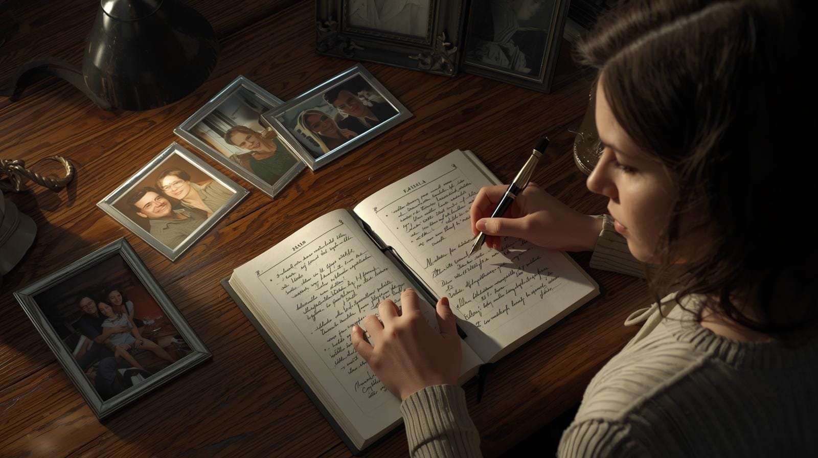 Open journal and pen beside family photos for writing Happy Birthday in Heaven messages.