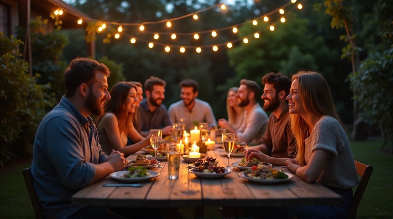 Friends laughing together during a happy Friday evening.