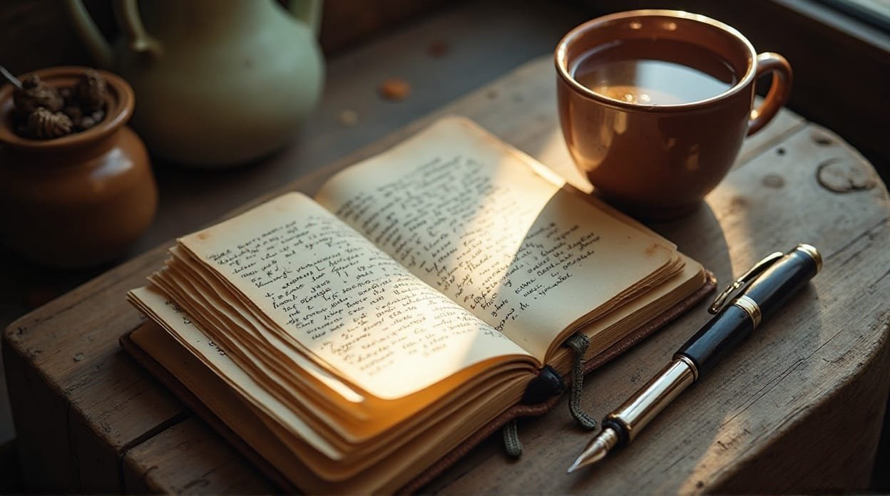 Motivational Friday evening setup with notebook and tea.