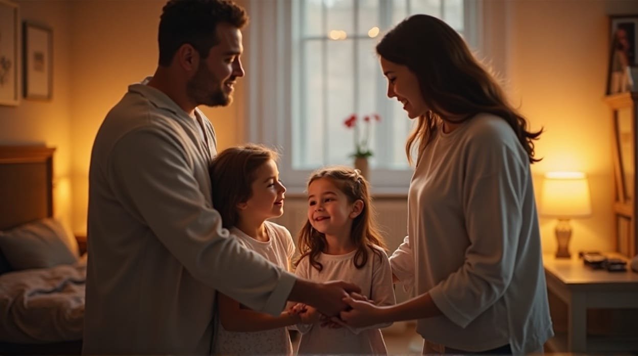 Family praying together before sleep for Tuesday night blessings and peace.