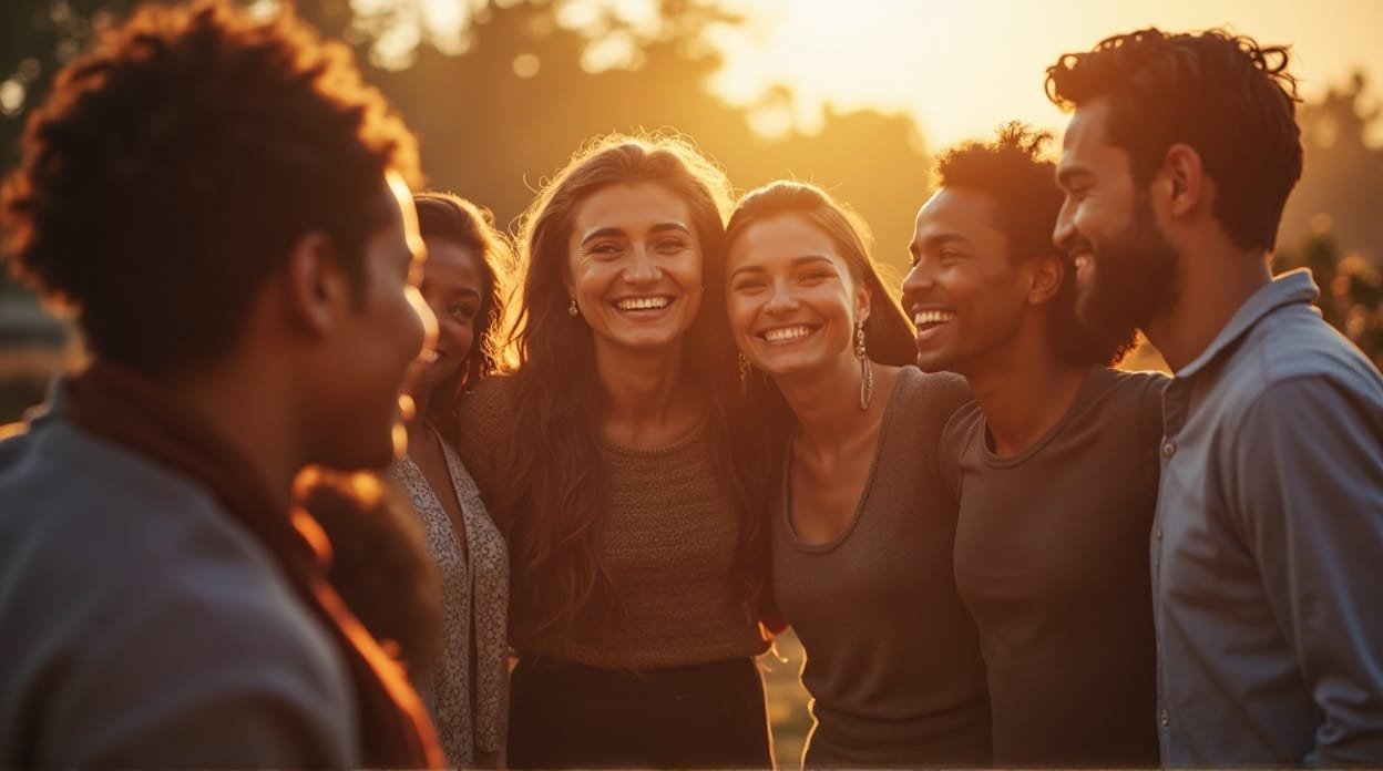 "Friends laughing and enjoying a Sunday evening outdoors"