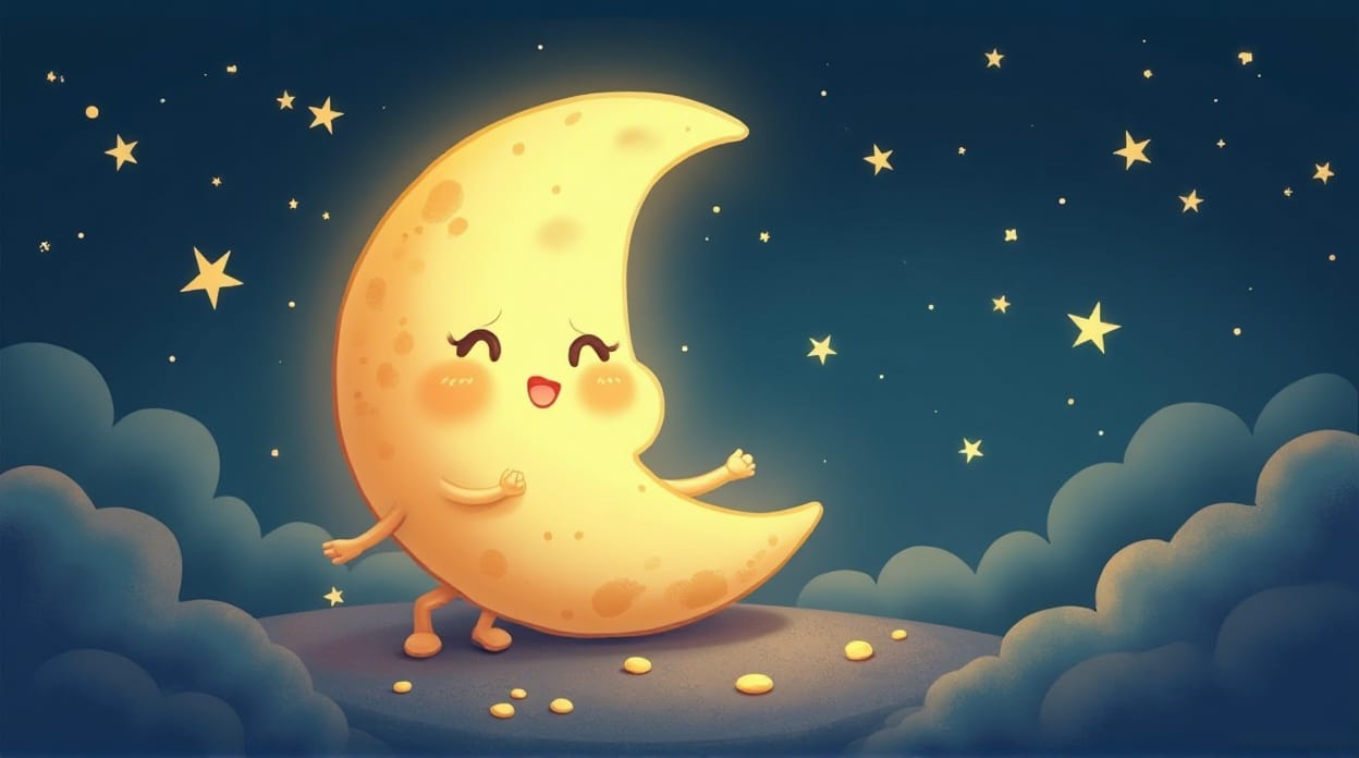 Funny cartoon moon illustration for lighthearted Tuesday good night wishes.