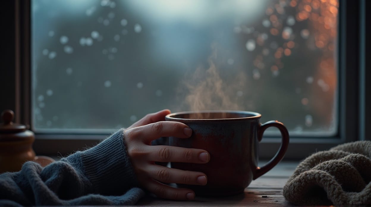 "Hands holding a cup of tea during a peaceful Sunday evening"