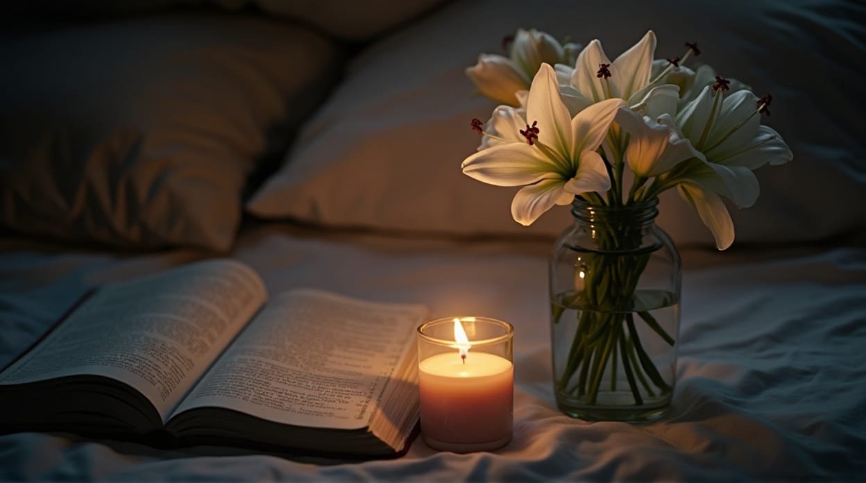 Candlelight prayer setup with flowers symbolizing Tuesday blessings and spiritual rest.