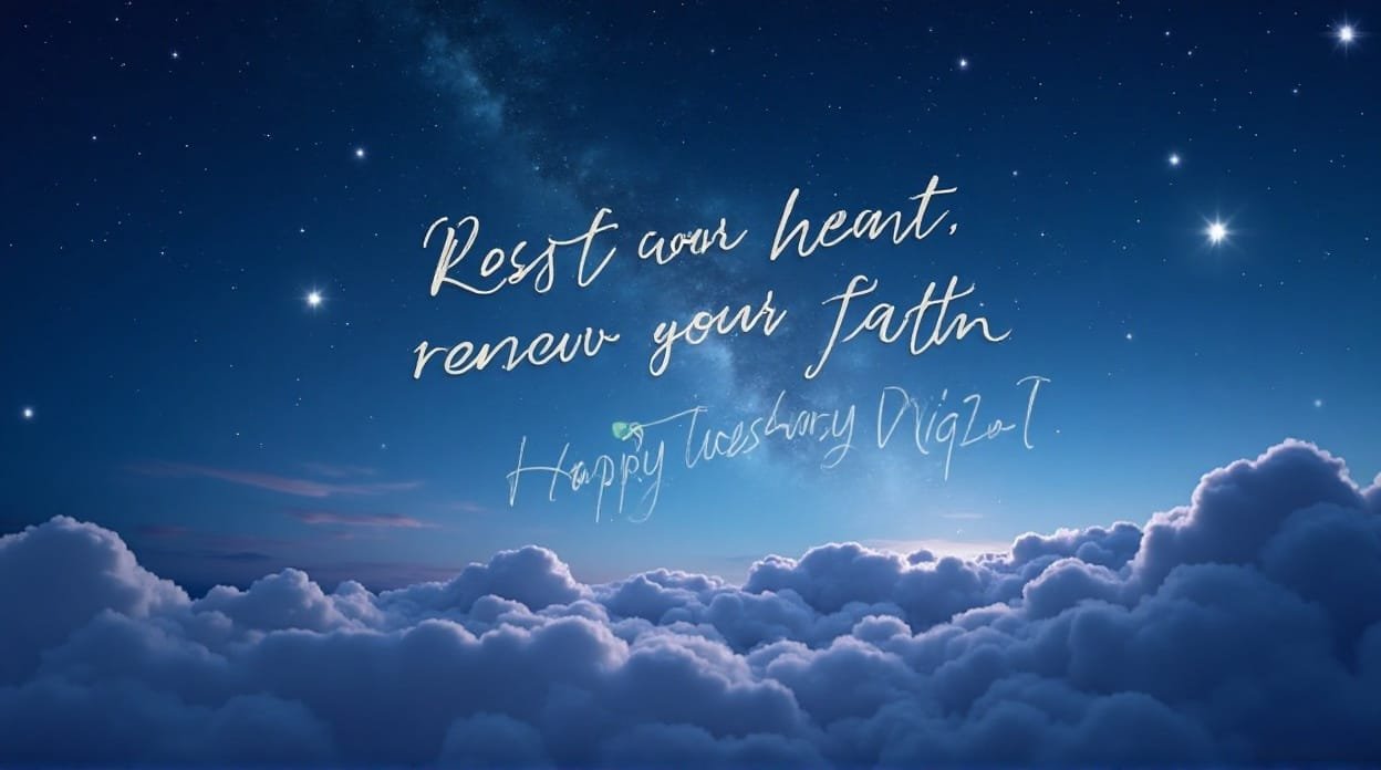 Motivational Tuesday night quote graphic promoting faith and inner peace.