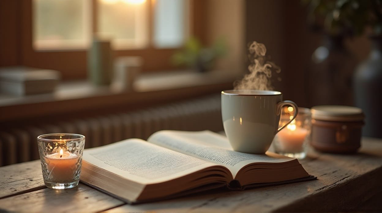 Relaxing Friday evening at home with coffee and candle.