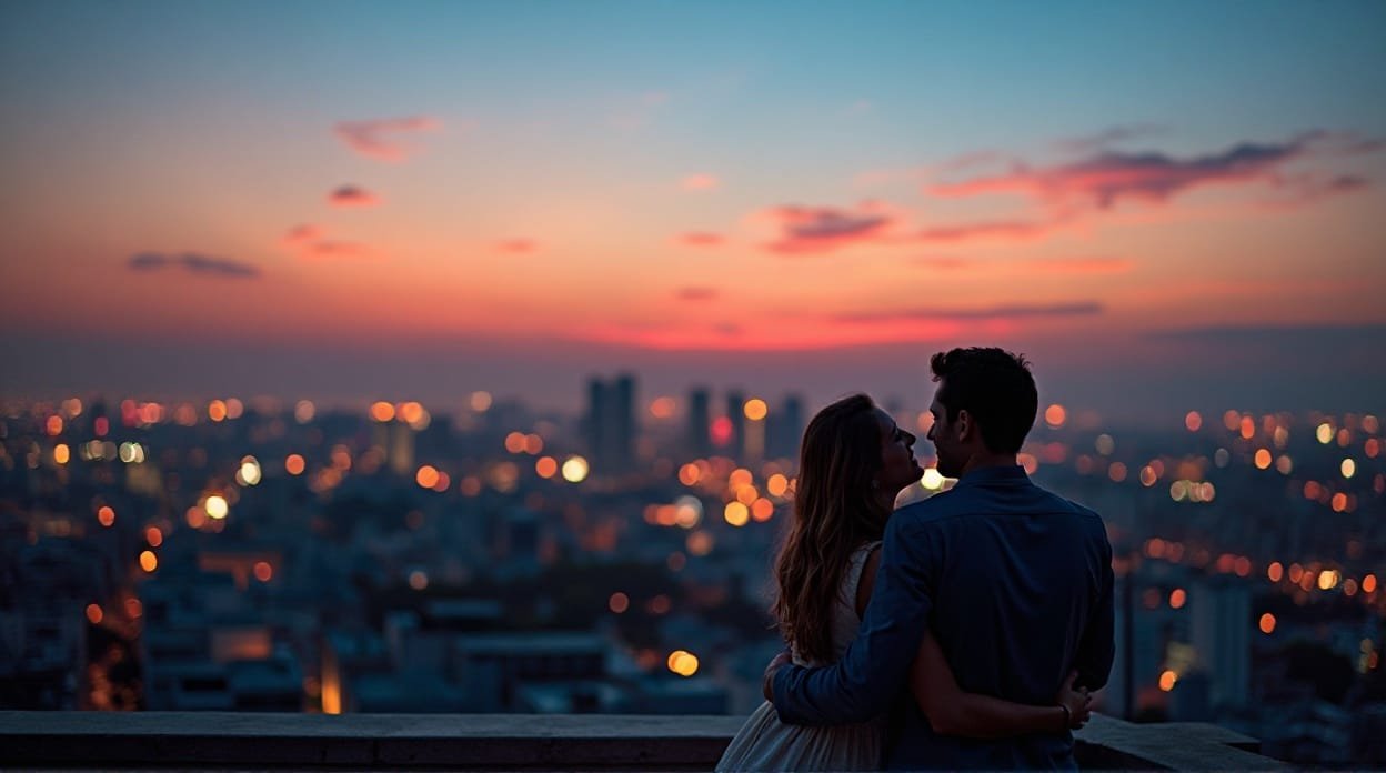 Romantic Friday evening with couple under city lights.