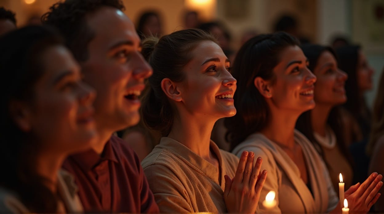Person praying with folded hands under lamp light symbolizing gratitude.