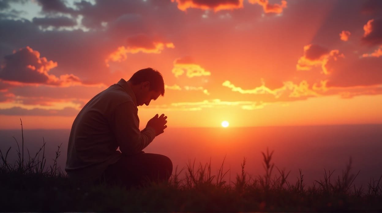 "Person praying during a Sunday evening sunset for spiritual comfort"